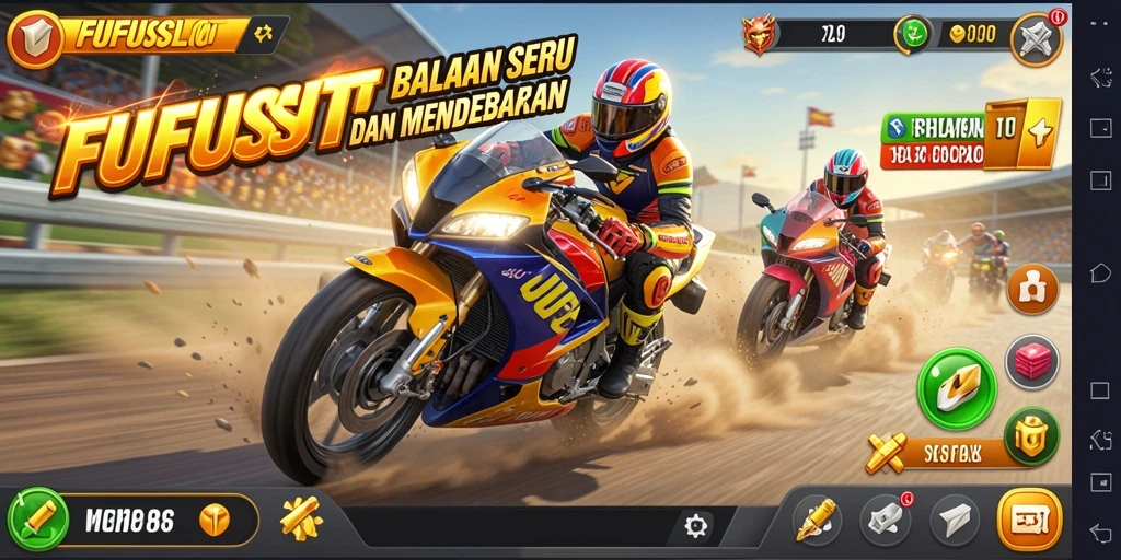 Screenshot gameplay FUFUSLOT menampilkan balapan motor yang mendebarkan.