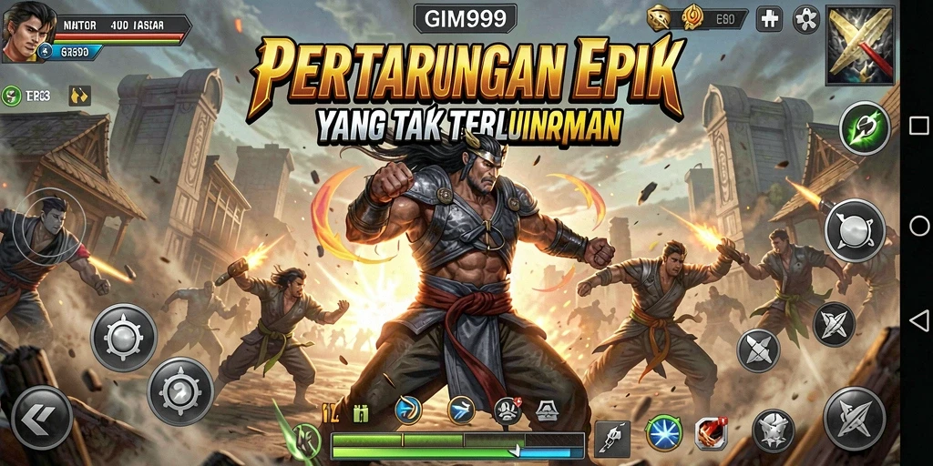 Screenshot menunjukkan pertarungan seru dengan karakter unik dalam GIM999.