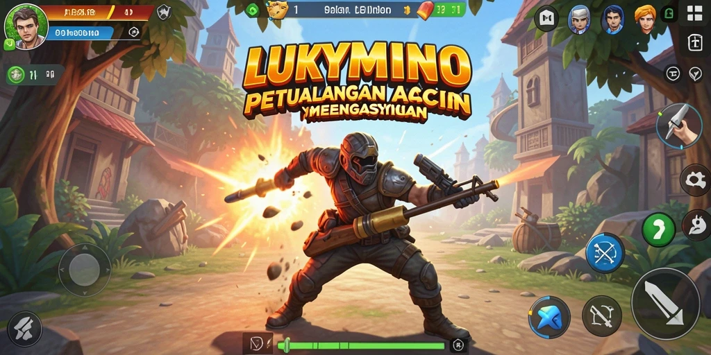 Tampilan Screenshot LUKYMINO menunjukkan pertempuran seru di dunia aksi.