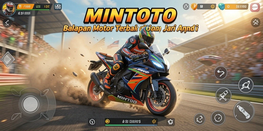 Screenshot dari gameplay MINTOTO dengan balapan motor yang menegangkan.