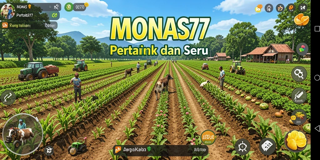 Screenshot gameplay MONAS77 dengan ladang hijau subur dan aktifitas bertani.