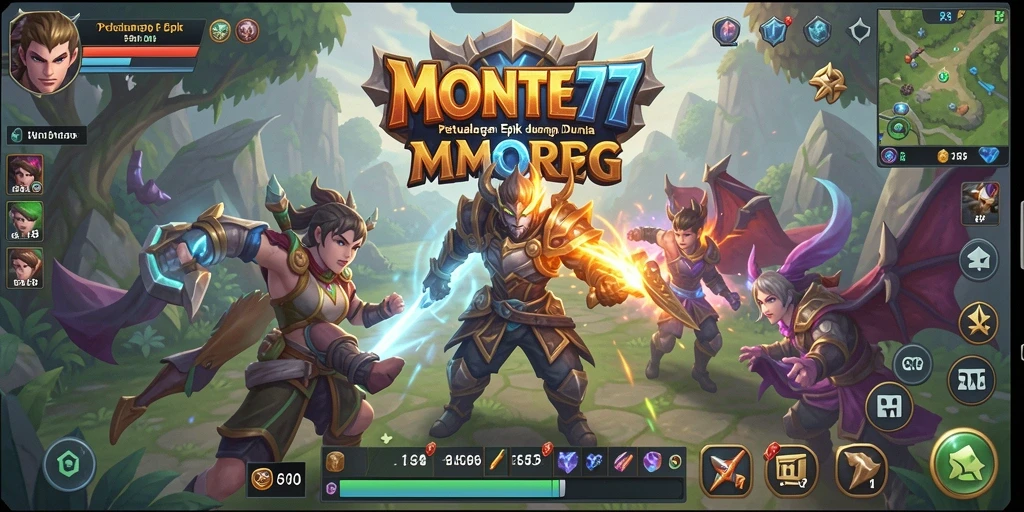 Screenshot gameplay MONTE77 yang menampilkan pertarungan epik dan pemandangan memukau.