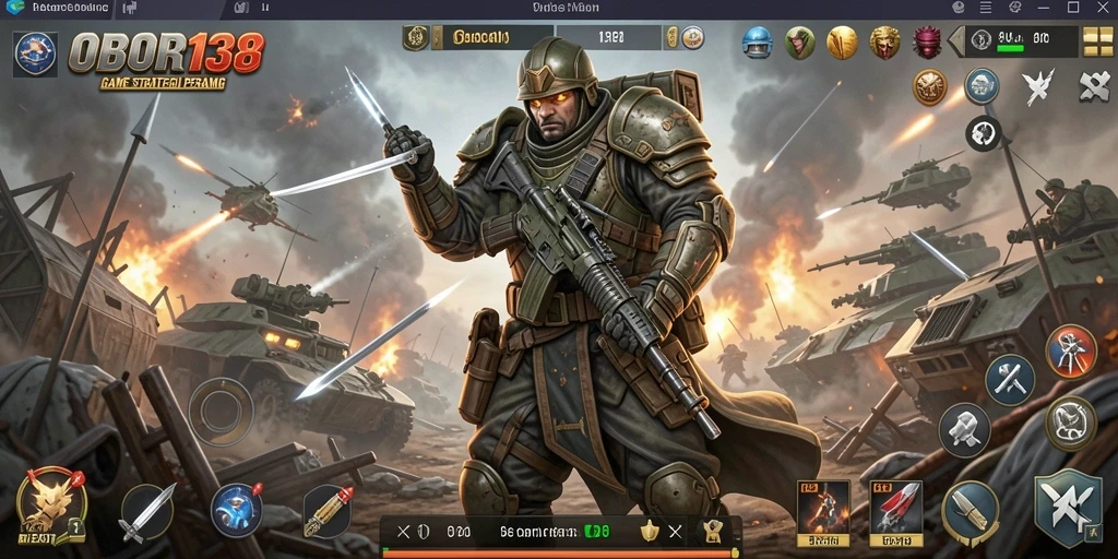 Gambaran layar utama gameplay <strong>OBOR138</strong> yang menunjukkan pertempuran strategis.