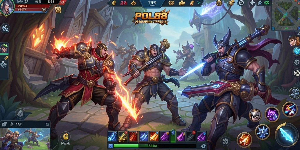 Screenshot POL88 menampilkan aksi pertempuran MOBA yang seru.